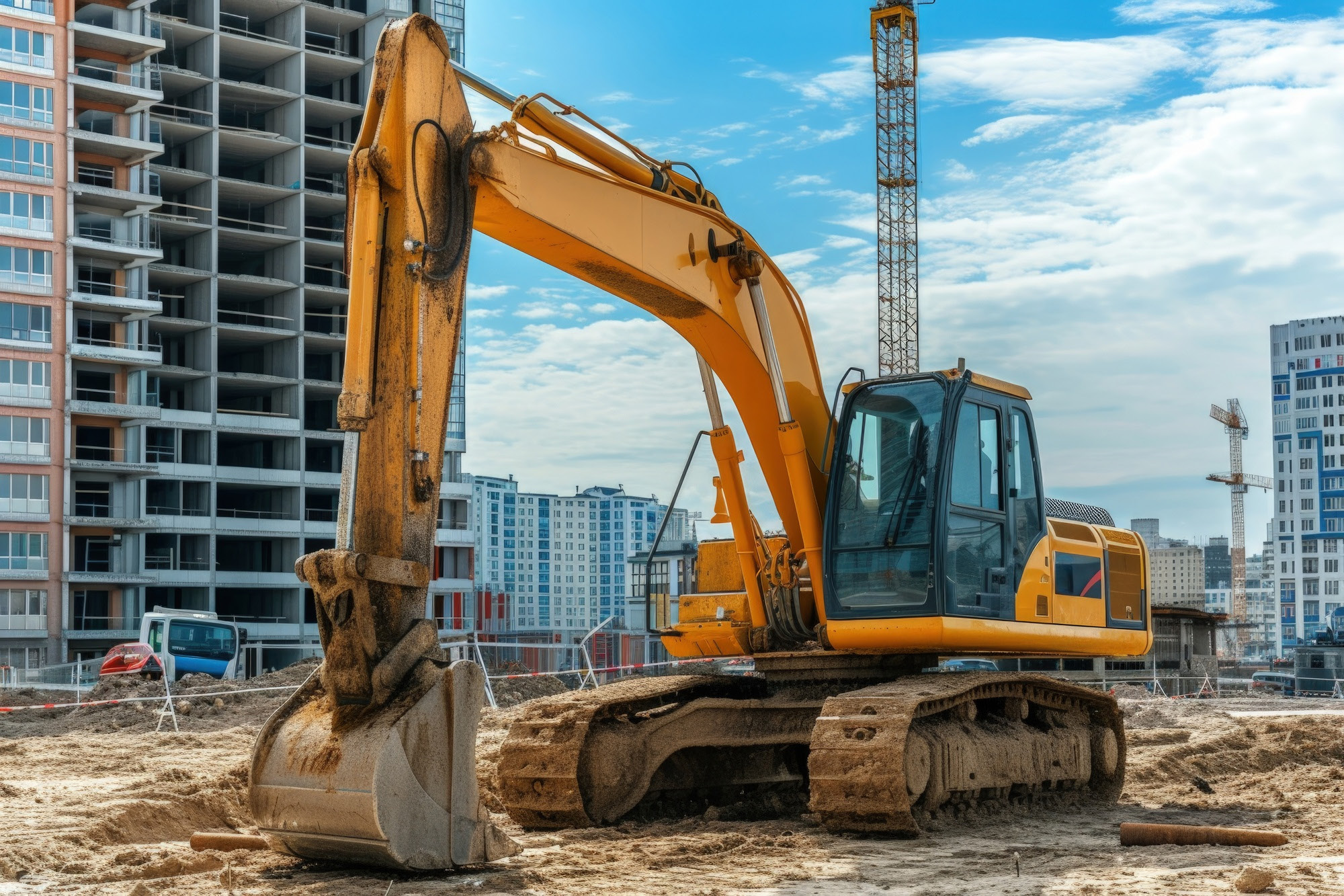 Urban development site with buildings under construction